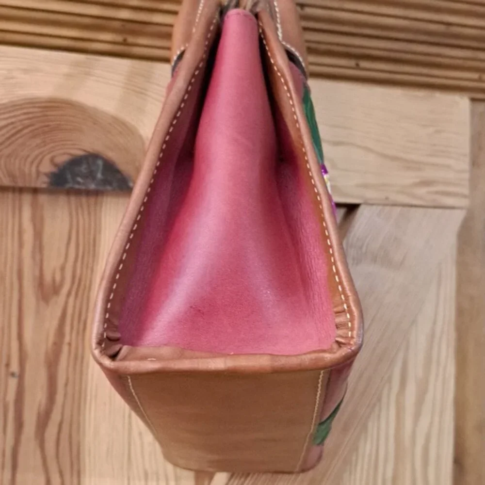 Hand Painted Floral Leather Bag Purse Vintage Zip Top Satchel - Picture 12 of 16